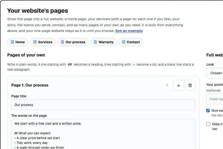 The builder's pages list: Home, Services, Our process, Warranty and Contact
