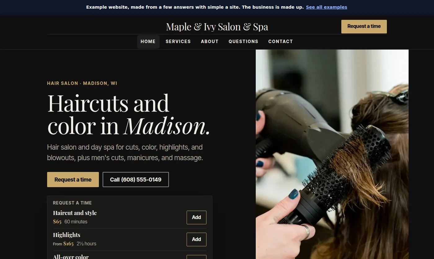 A full website made by the builder for a made-up hair salon and spa, shown on a computer