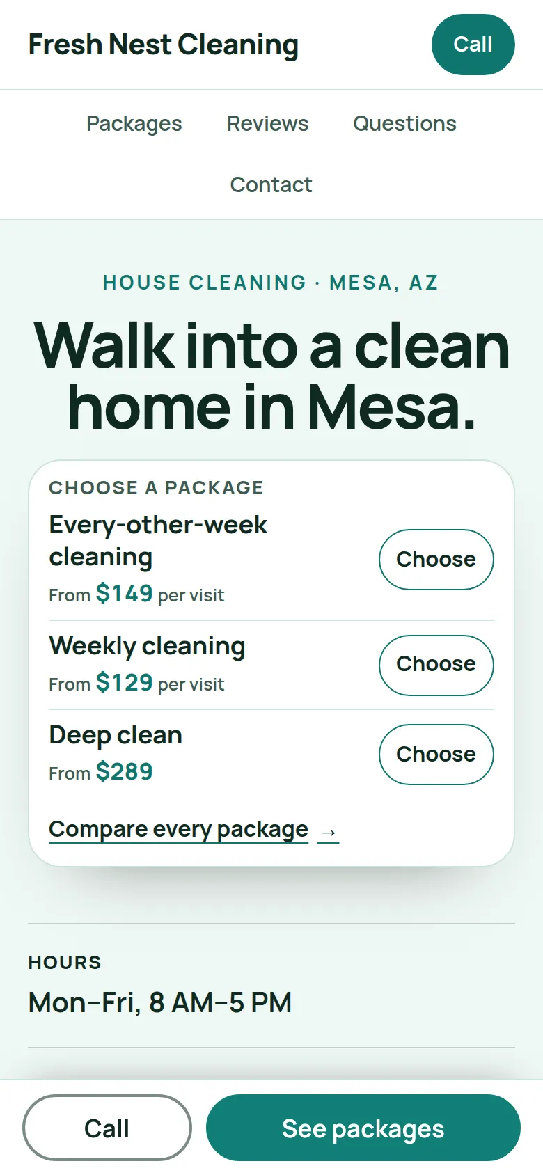 Phone screen of a house cleaning website the builder made: Choose a package, with three packages and their prices