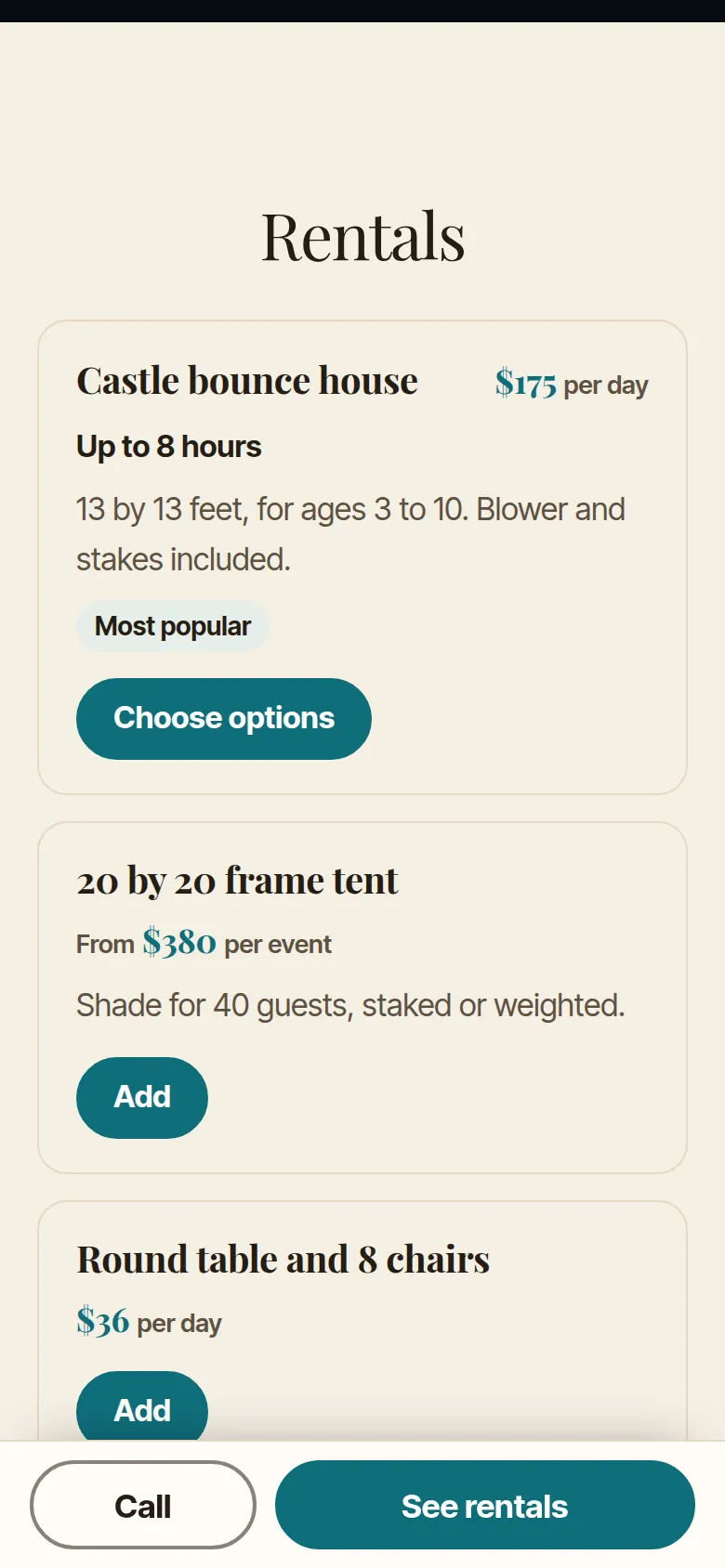 Phone screen of a party rental website: a castle bounce house, a frame tent and tables, each with its rate per day or per event