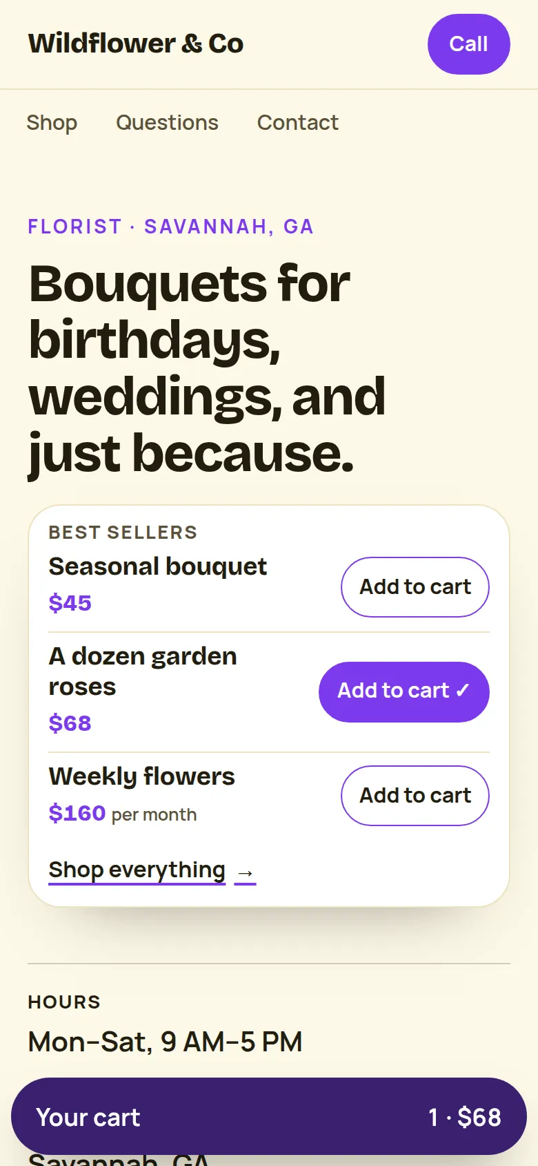Phone screen of a florist website: best sellers with prices, one added to the cart
