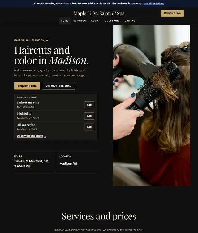 Full website example for Maple & Ivy Salon & Spa, a hair salon