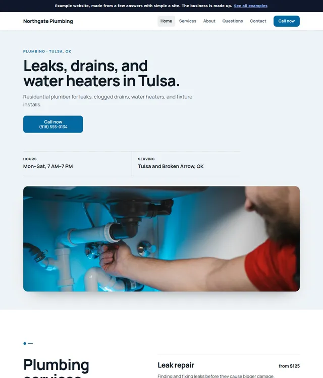 Full website example for Northgate Plumbing, a plumber