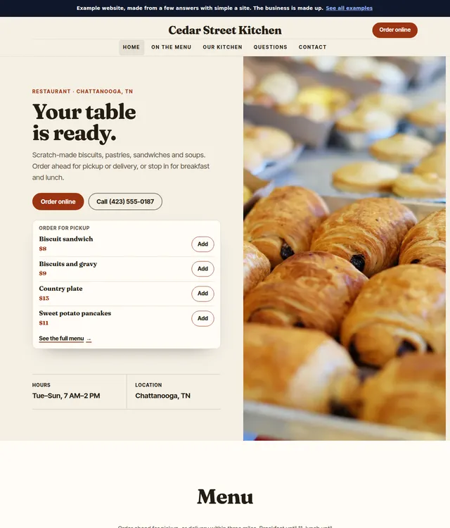 Full website example for Cedar Street Kitchen, a restaurant