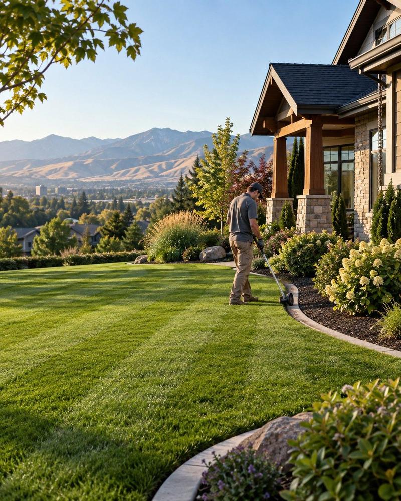 Lawn-care professional finishing a crisp garden edge at a Boise home