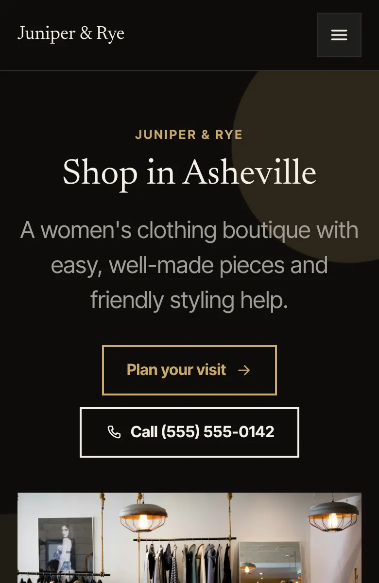 Sample boutique website on a phone