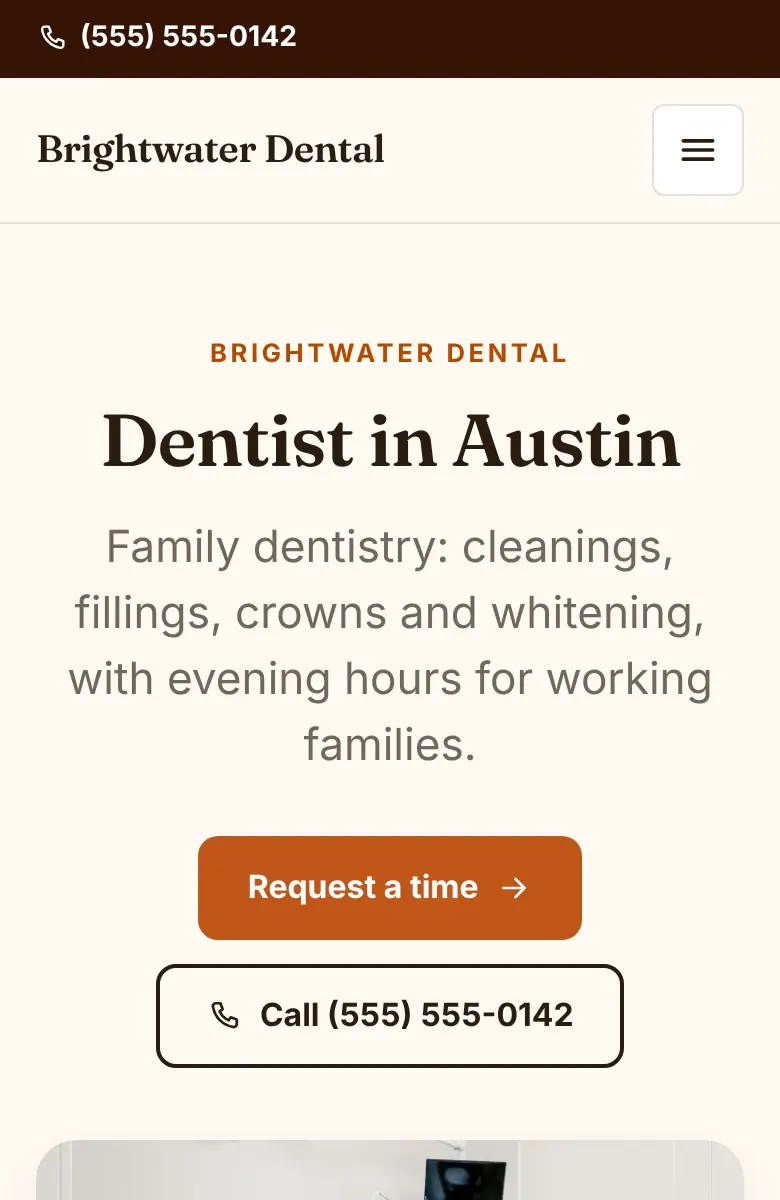 Sample dental office website on a phone