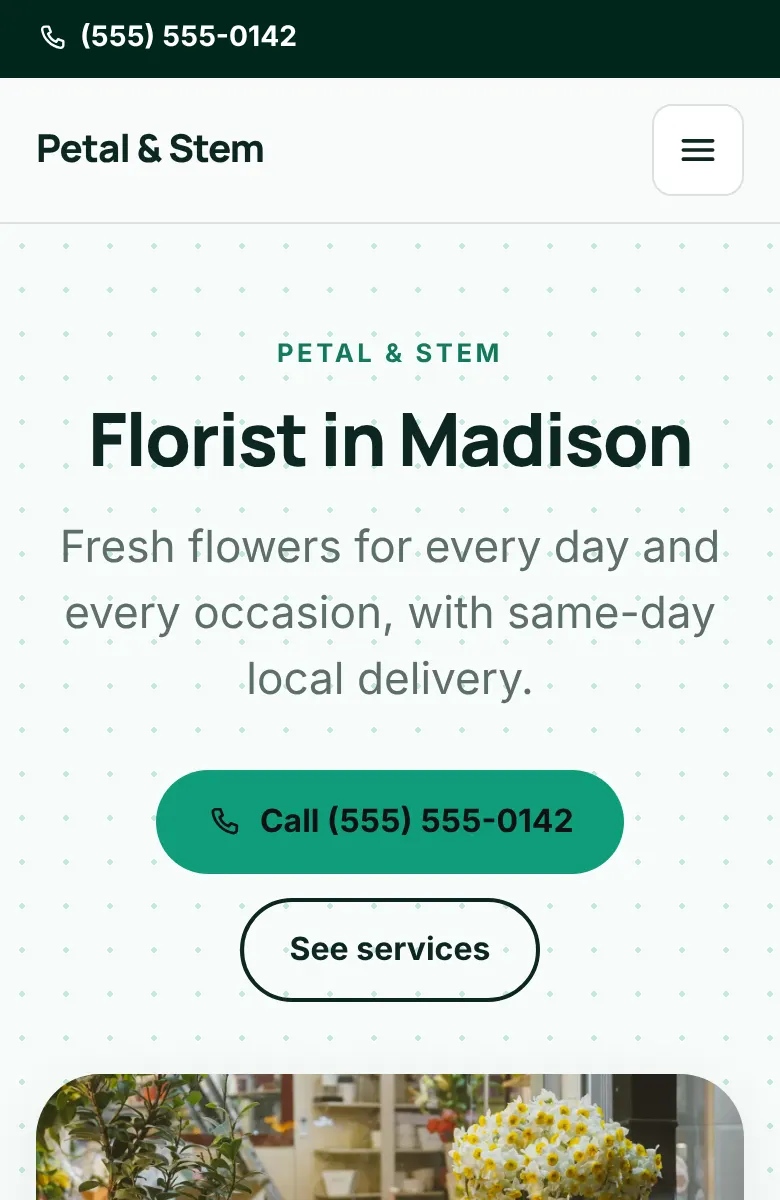 Sample florist website on a phone