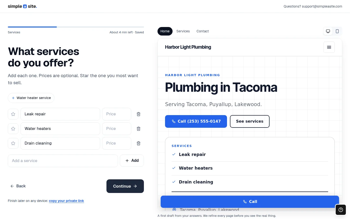 The brief: questions beside the client's own website taking shape