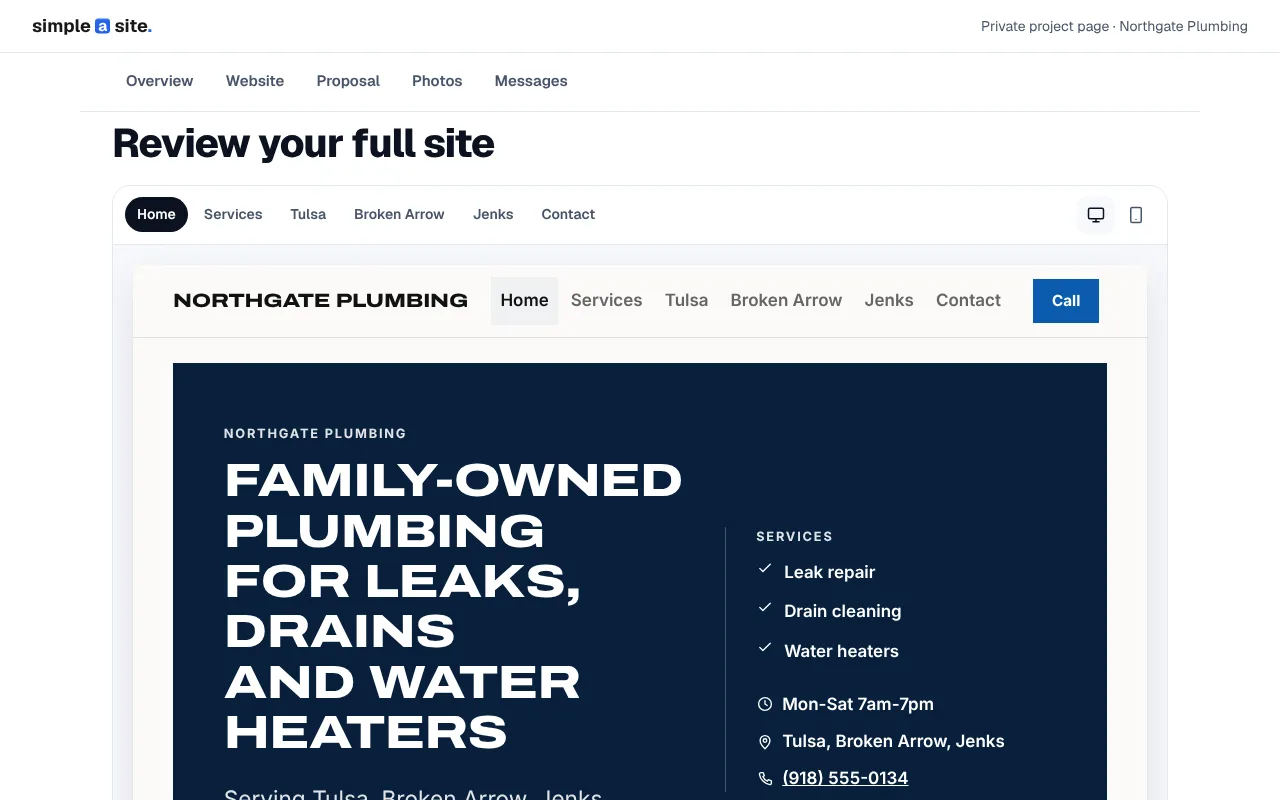 Reviewing the full site on the project page, page by page