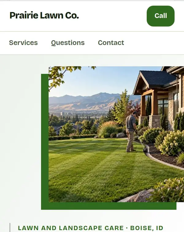 The new homepage the free move check built for the fictional Prairie Lawn Co., with the company's own lawn photo carried over