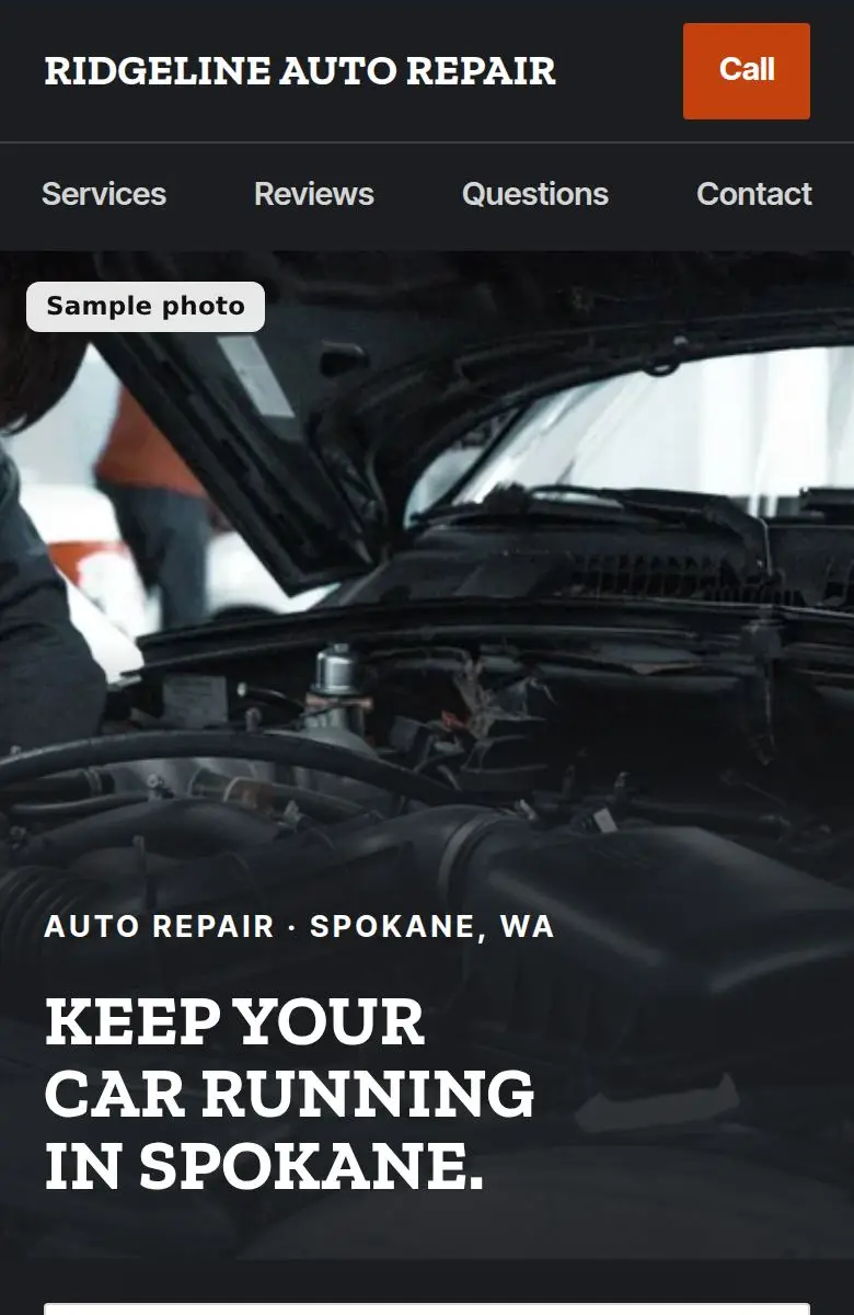 Auto repair example website on a phone