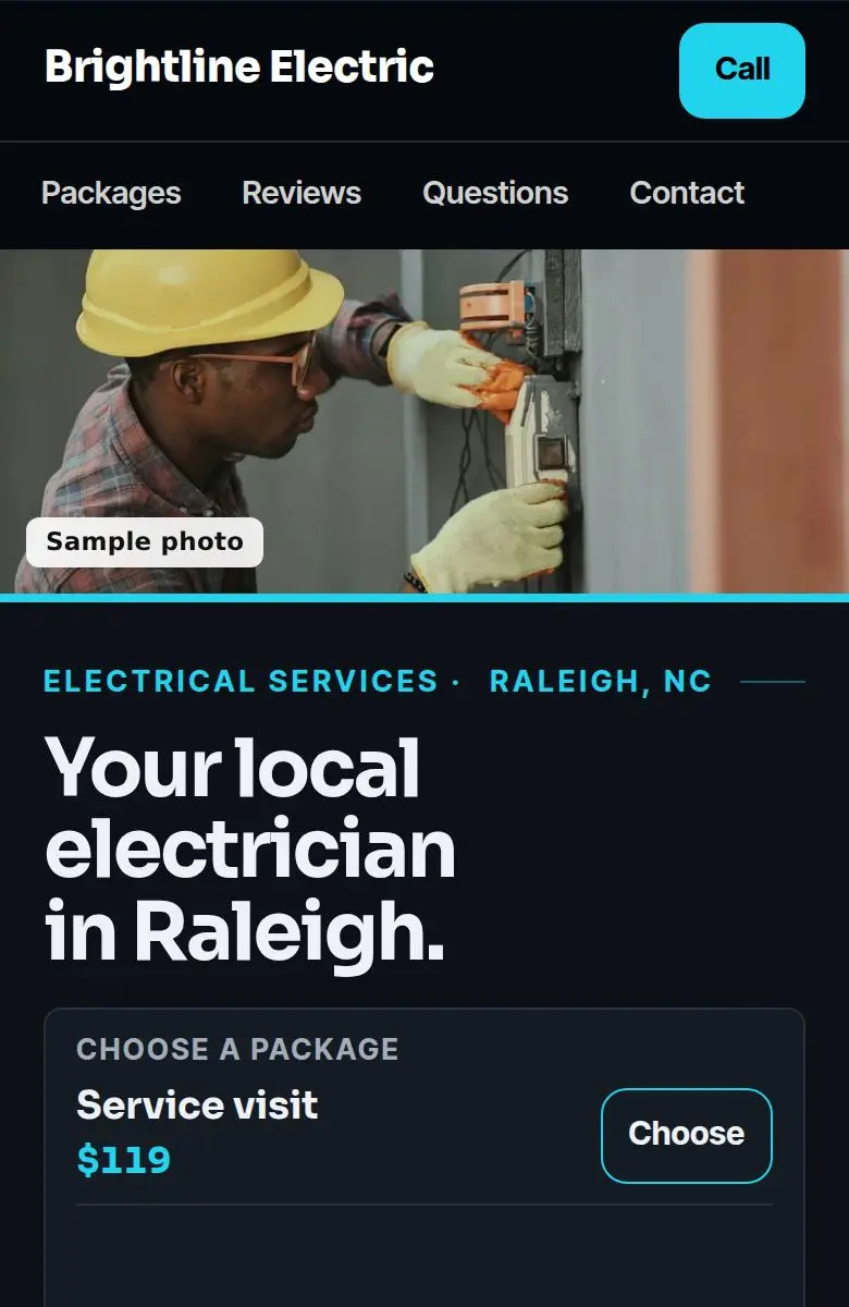 Electrician example website on a phone