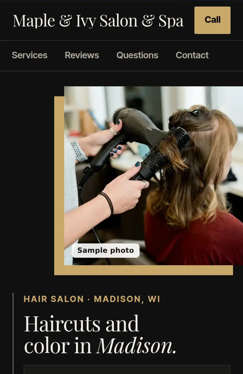 Hair salon example website on a phone