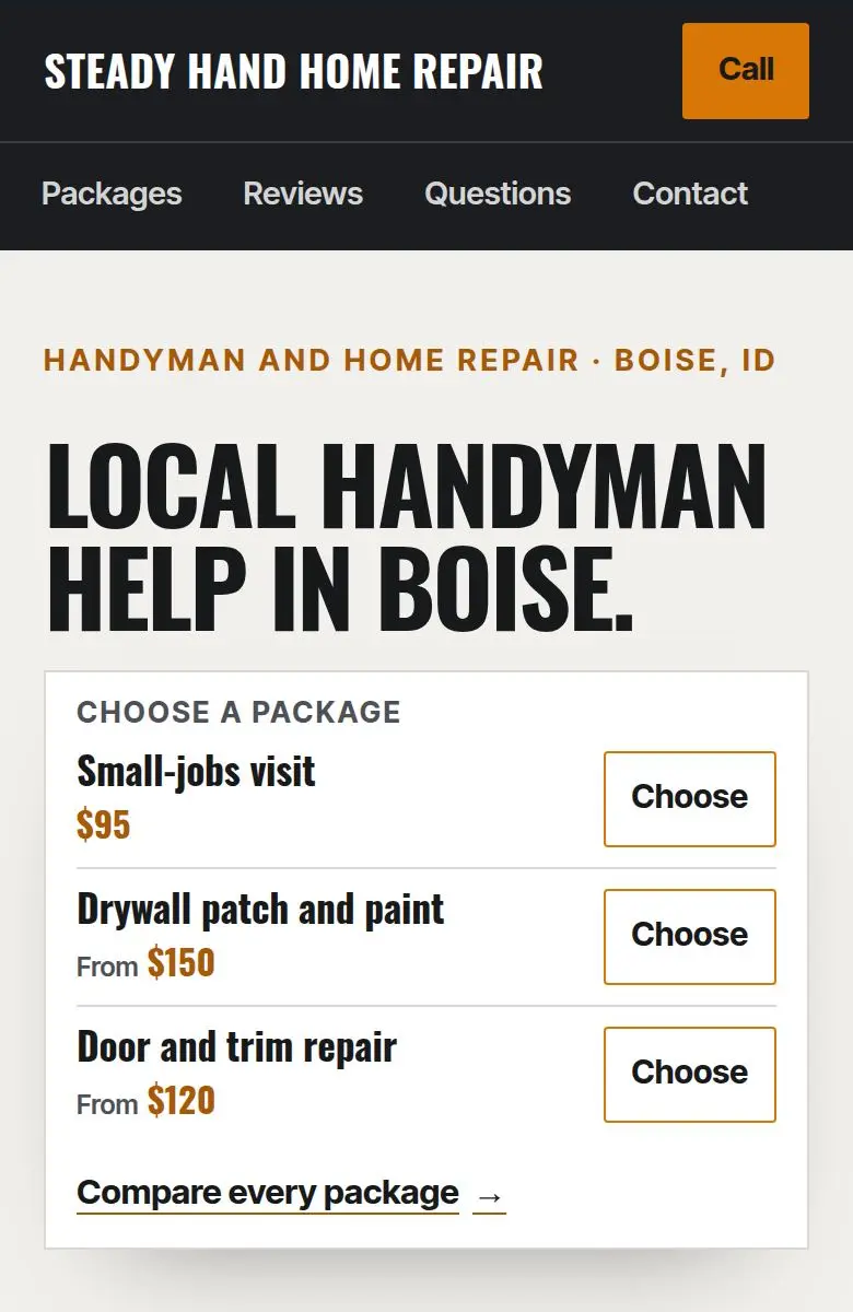 Handyman example website on a phone