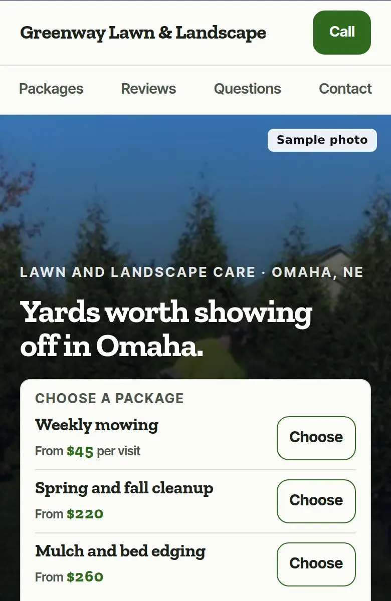 Landscaper example website on a phone