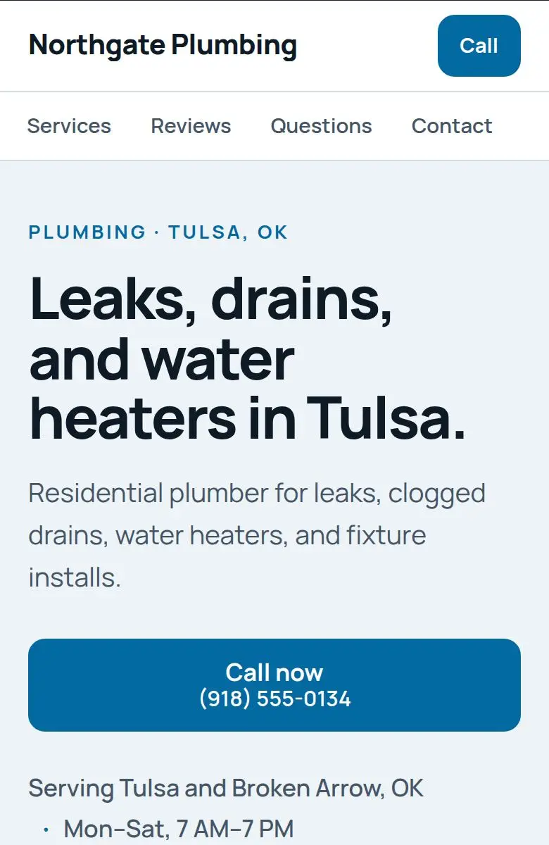 Plumber example website on a phone