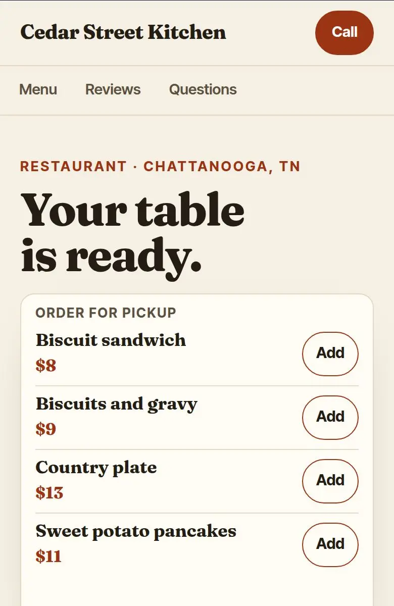 Restaurant example website on a phone