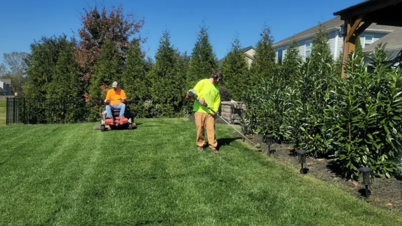 Our crew mowing and edging a striped lawn